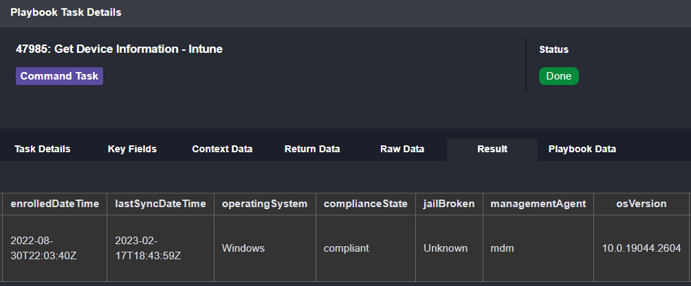 Smart SOAR Screenshot: Device compliance info in Microsoft Intune