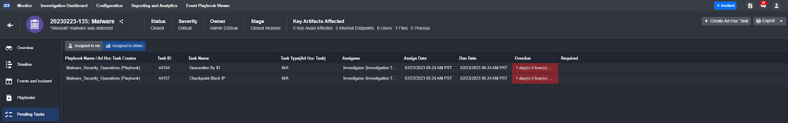 D3 Smart SOAR's pending task tab in the incident overview section