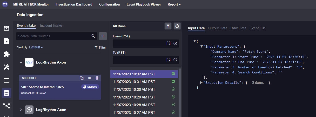 A screenshot showing scheduled data ingestion from D3 Smart SOAR to LogRhythm Axon, set to run every minute.