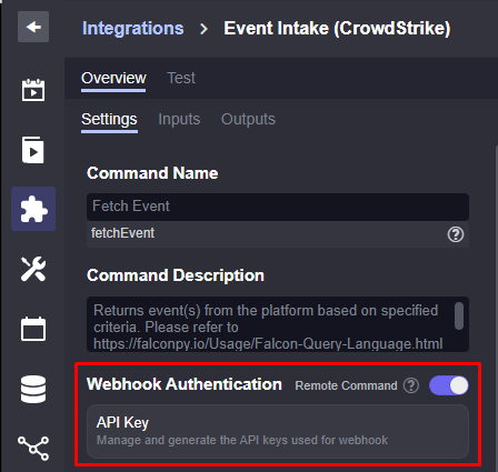A screenshot of Smart SOAR's integration tab highlighting where you can access the webhook authentication setup. 