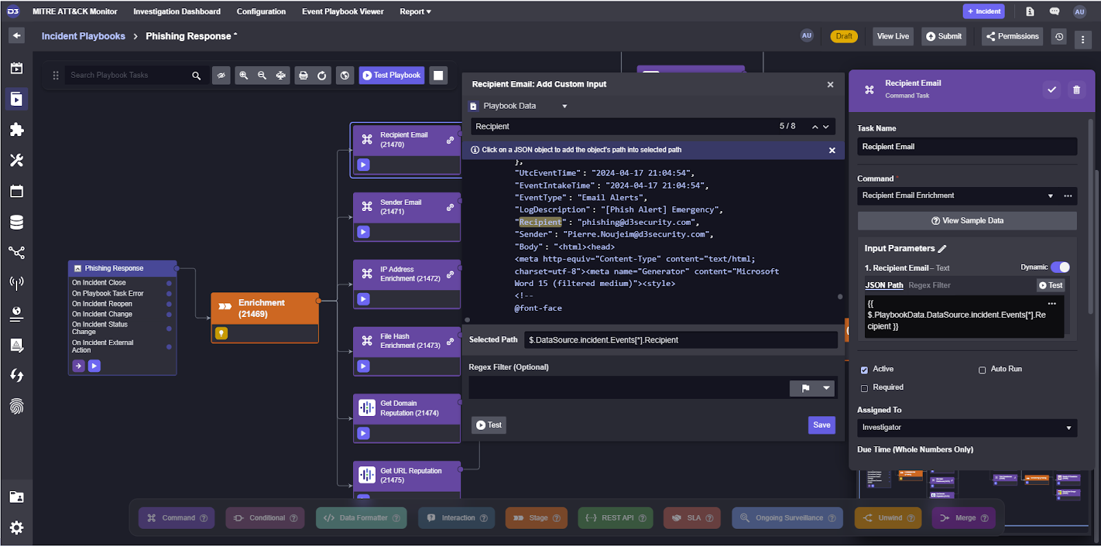 A screenshot of a Smart SOAR incident playbook showing a recipient email Command Task