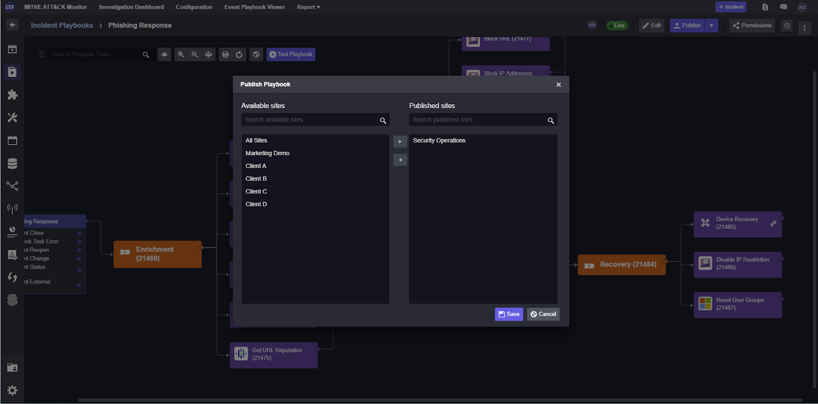 A screenshot of a Smart SOAR incident playbook showing the Publish Playbook dialog