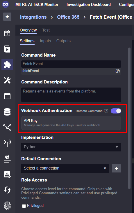 A screenshot of Smart SOAR showing the Webhook Authentication setting in Office 365 Fetch Event command