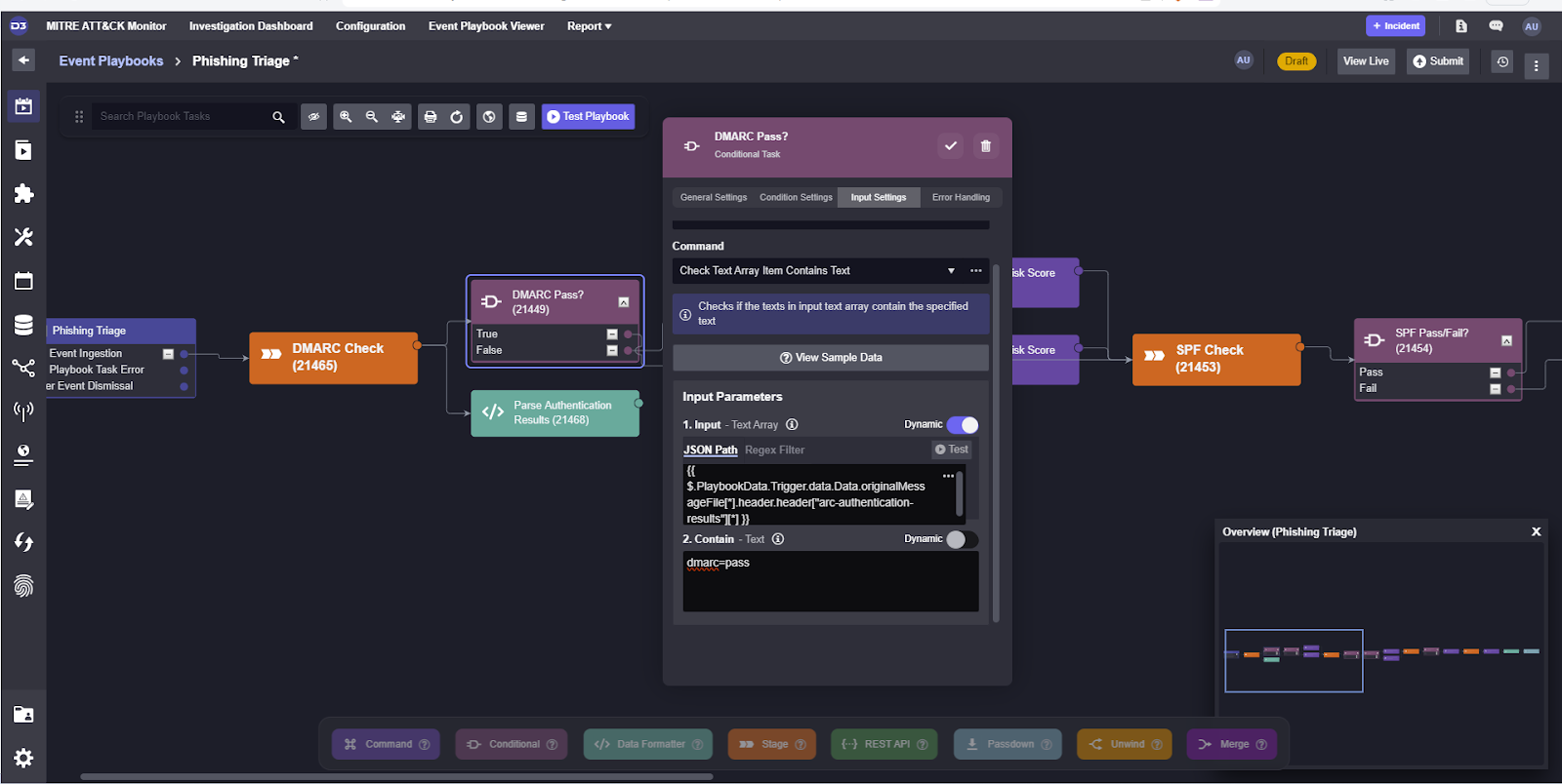 A screenshot of a Smart SOAR event playbook showing a Smart SOAR conditional task for DMARC = Pass