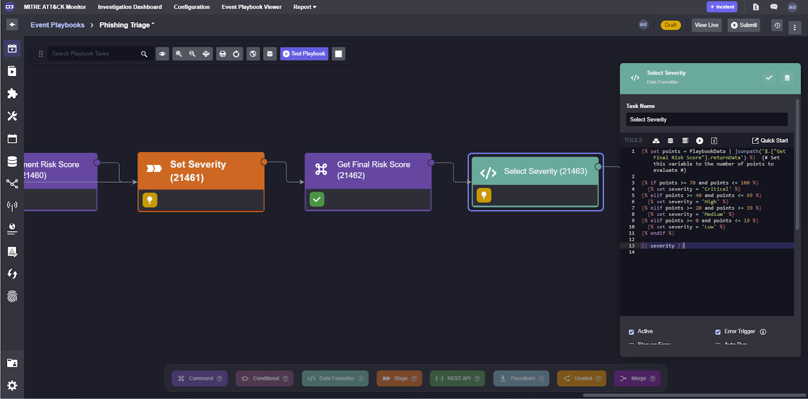 A screenshot of a Smart SOAR event playbook showing the Data Formatter task to set the severity of an alert