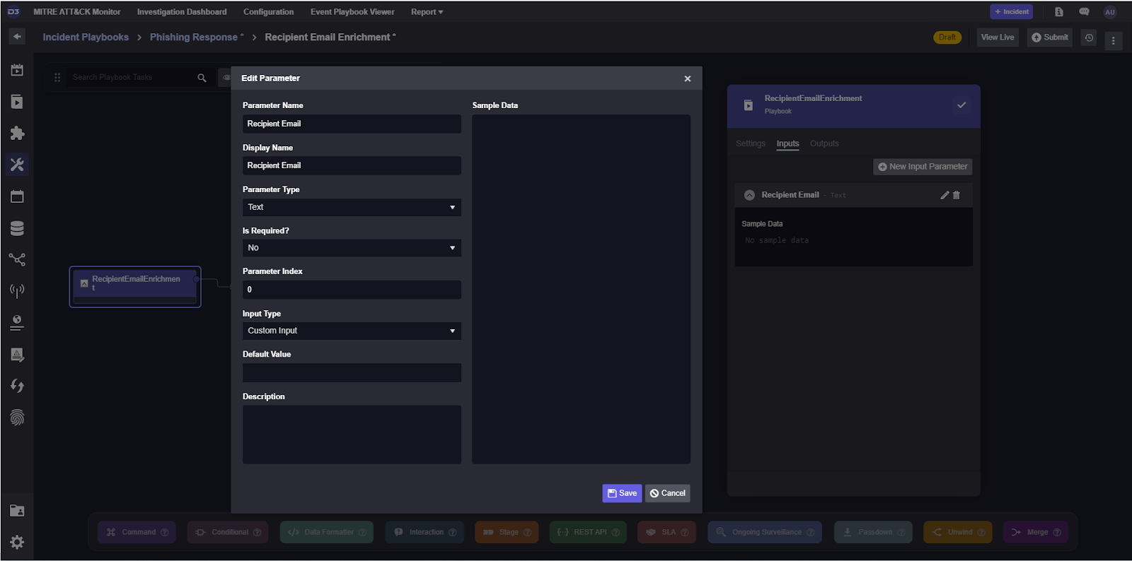 A screenshot of a Smart SOAR incident playbook showing the edit parameter setting