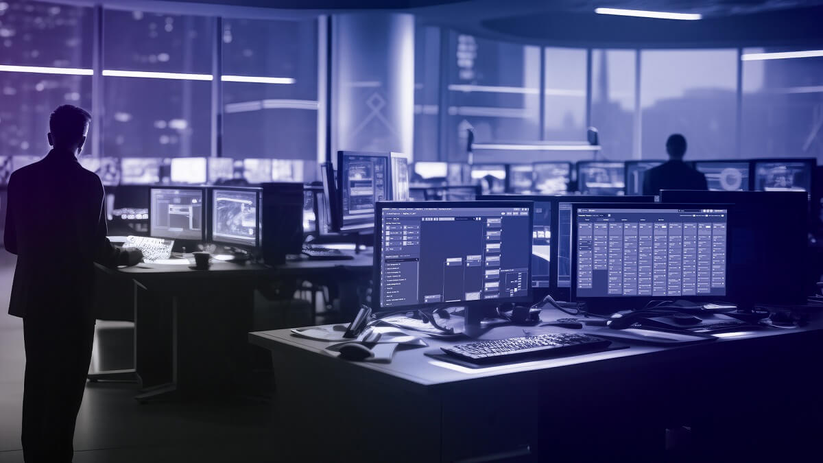 Monochrome view of a modern security operations center (SOC) with multiple monitors displaying data, staff working in the background, and a male figure in the foreground observing the operations