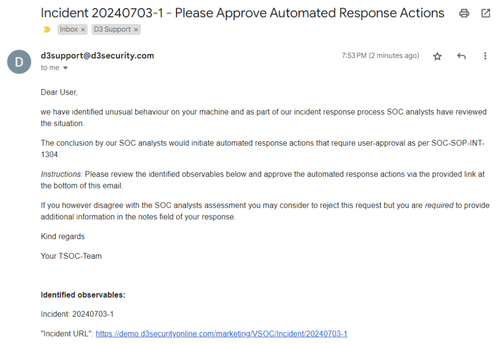 Screenshot of an email send triggered by Smart SOAR