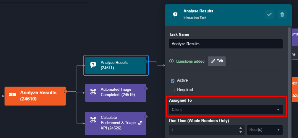 Screenshot showing a classification task assigned to a client in Smart SOAR's interface