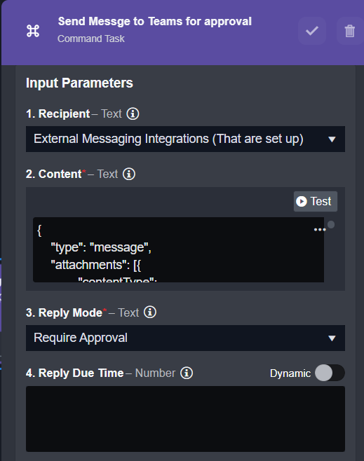 Screenshot of a command task in Smart SOAR for sending a message to Microsoft Teams for approval.