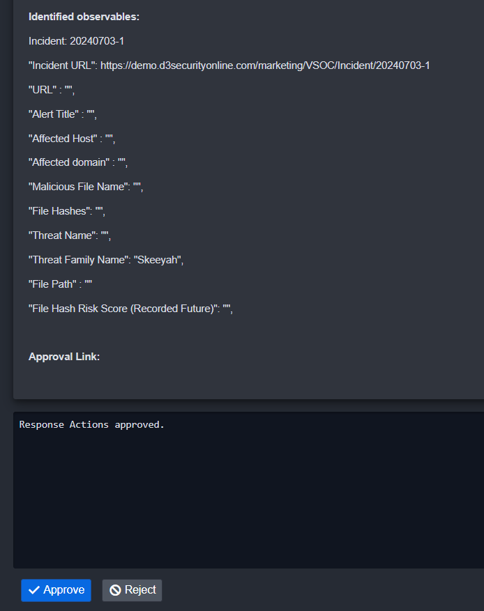 Screenshot of an observables captured in Smart SOAR with an approval link.