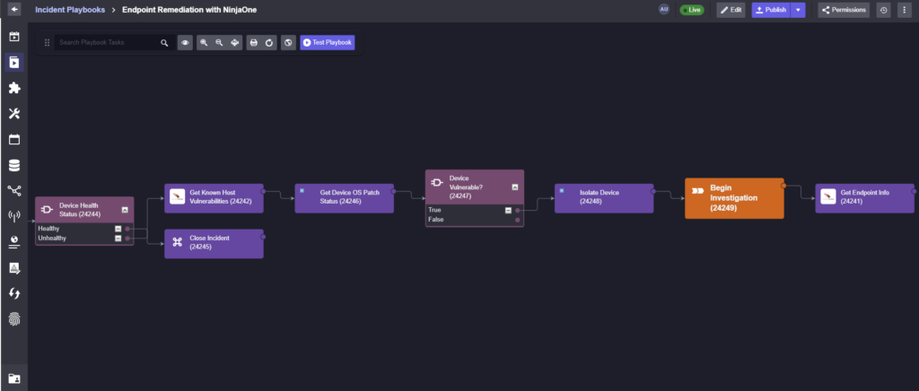 A screenshot of a Smart SOAR incident playbook to get device health status, and isolate the device  if it is vulnerable. 