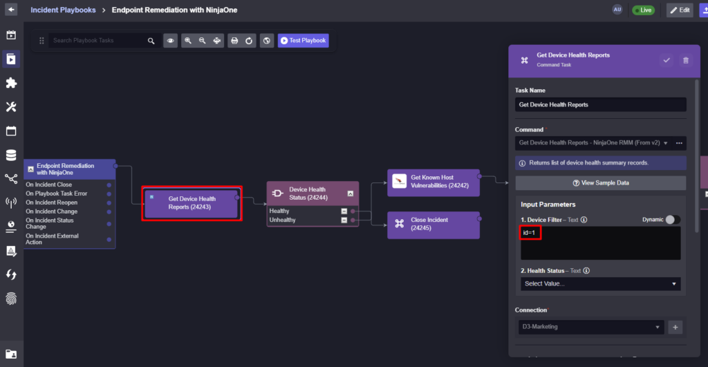 A screenshot of a Smart SOAR workflow to get device health reports. 