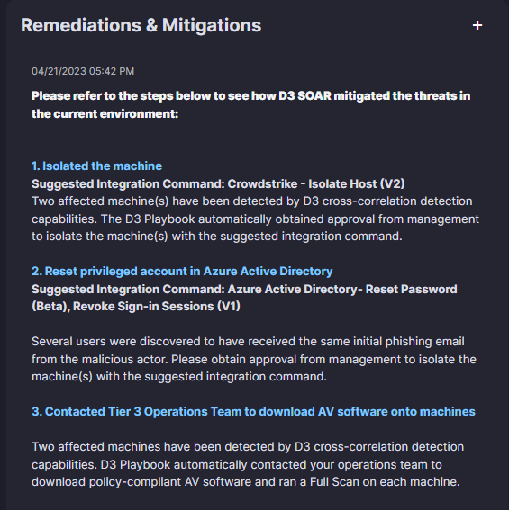 Remediation & Mitigation section showing actions taken, including machine isolation and account resets