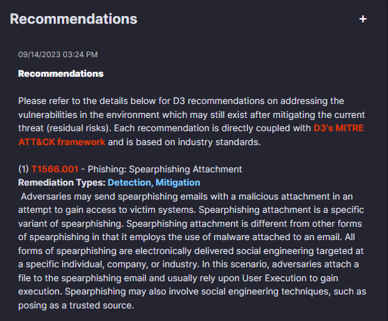 Recommendations section with MITRE-based guidance on threat-specific next steps