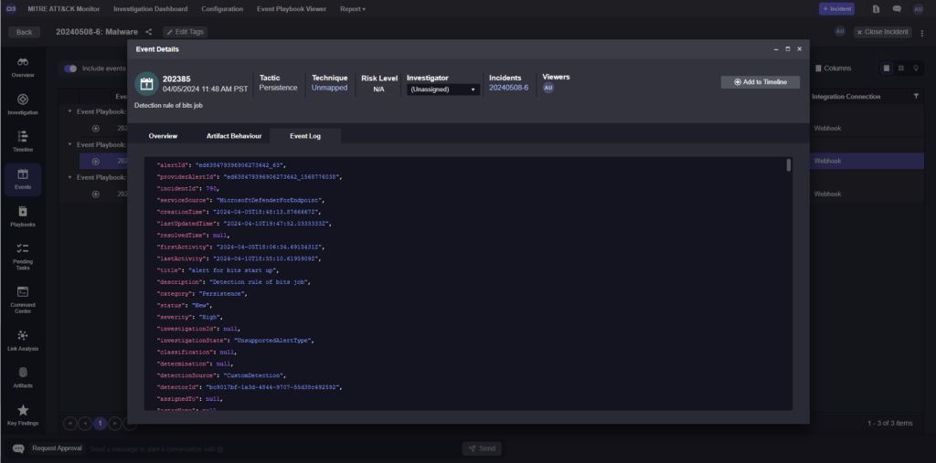 Detailed view of the incident workspace in Smart SOAR, showing underlying alert data, artifact behavior, and timeline.