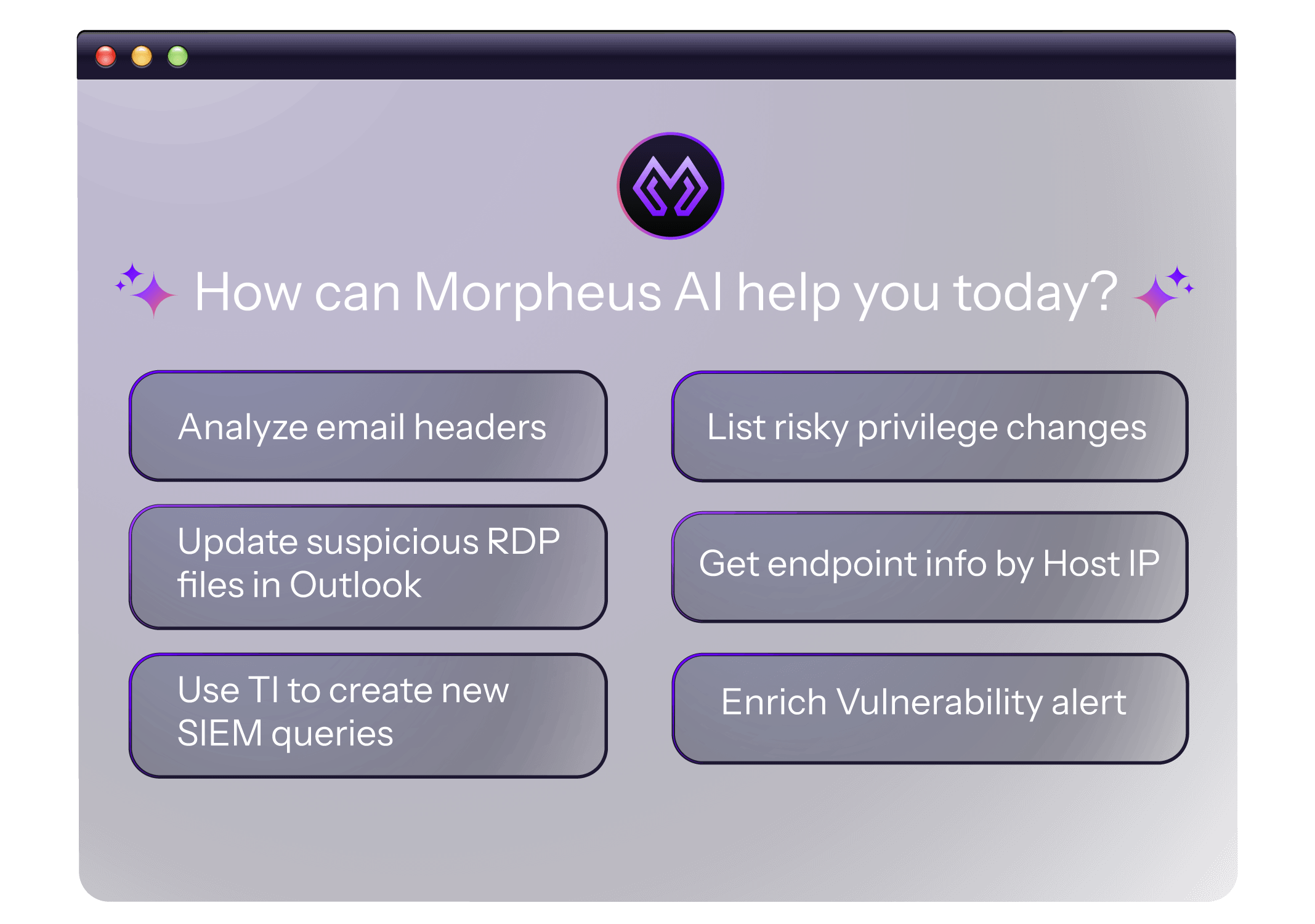 Morpheus ASOC interface showcasing intelligent SOC capabilities including automated email analysis, RDP monitoring, SIEM query generation, privilege change detection, endpoint investigation, and vulnerability enrichment - all through an intuitive dark-mode chat interface