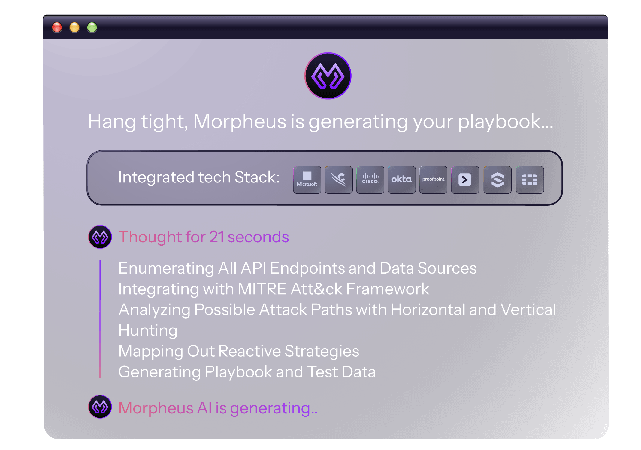 Screenshot of Morpheus AI interface showing real-time playbook generation. A dark-themed window displays progress steps including API endpoint enumeration, MITRE framework integration, and attack path analysis. The interface features a purple Morpheus logo and progress indicators, with text 'Hang tight, Morpheus is generating your playbook...' at the top, demonstrating the platform's autonomous security workflow creation