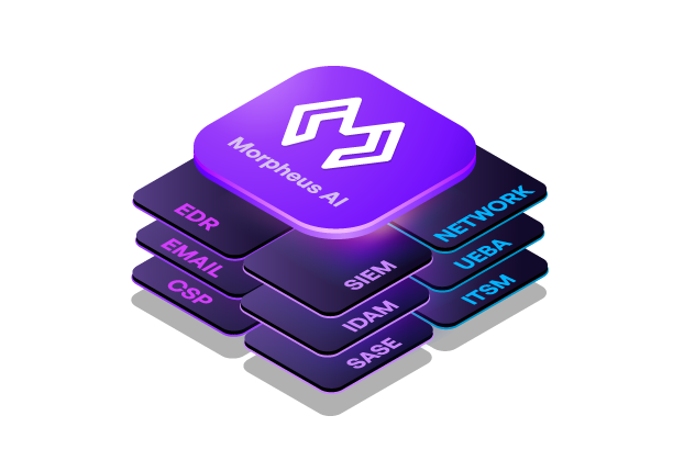 3D isometric visualization of Morpheus AI security platform architecture showing layered integration capabilities - EDR, Email, CSSP, SIEM, and Network security stacks beneath a central Morpheus-AI processing layer, illustrating autonomous SOC orchestration and stack-adaptive deployment