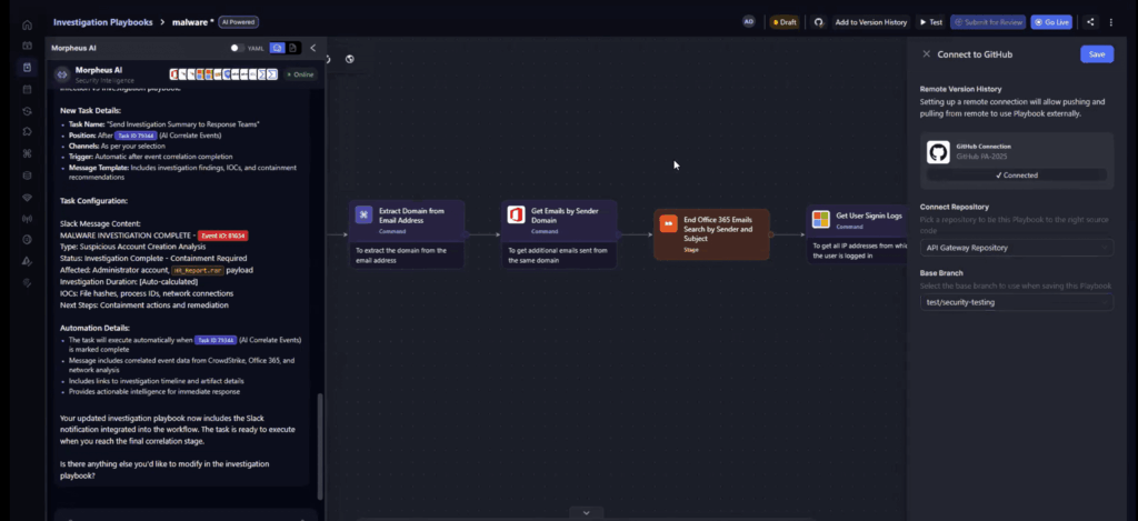 A screenshot of D3 Morpheus showcasing it's Github integration in the playbook generation workflow. 