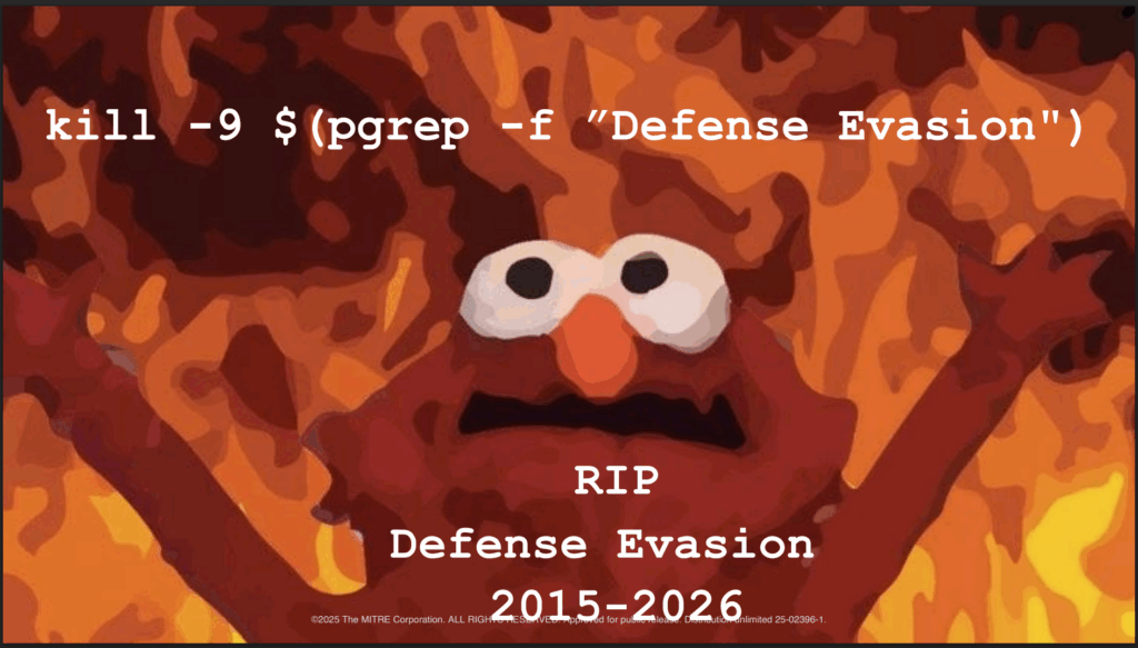 A slide from Kat Self's presentation at ATT&CKCon on the impending deprecation of the Defense Evasion tactic.