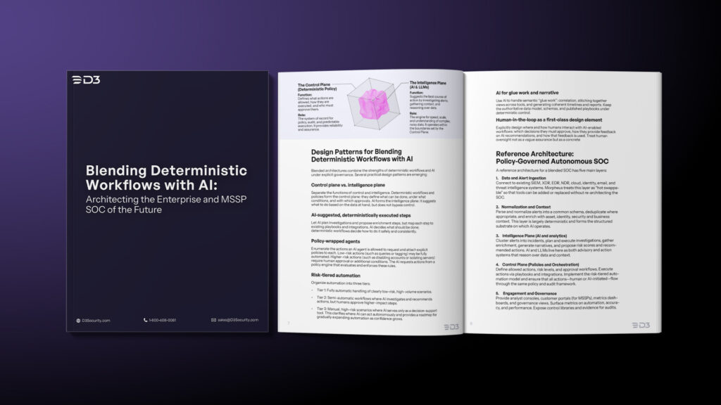Cover art for the whitepaper by D3 Security, titled: "Blending Deterministic Workflows with AI: Architecting the Enterprise and MSSP SOC of the Future"