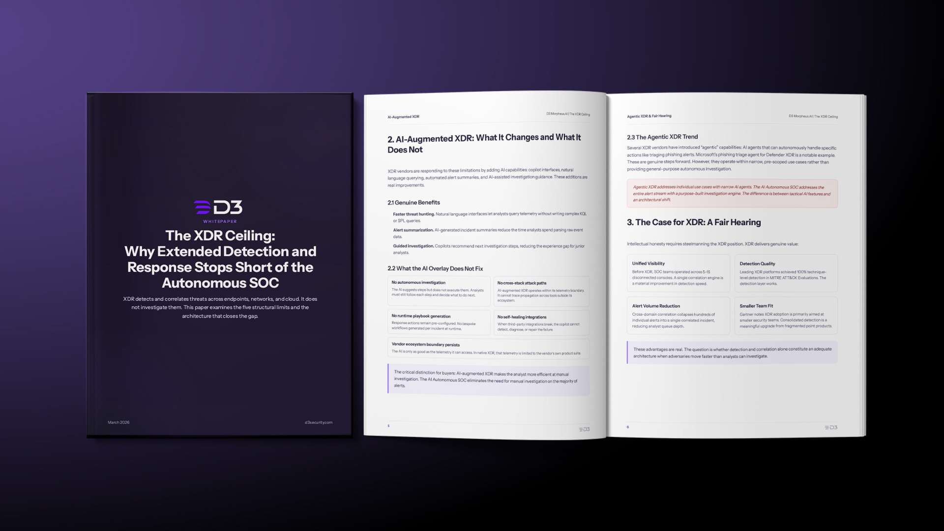 A preview of the whitepaper titled: "The XDR Ceiling: Why Extended Detection and Response Stops Short of the Autonomous SOC" by D3 Security