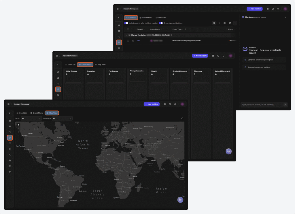 A collage of screenshots from D3 Morpheous showing correlated events for the incident, MITRE ATT&CK coverage in the Event Matrix, and geo-located artifacts in Map View.