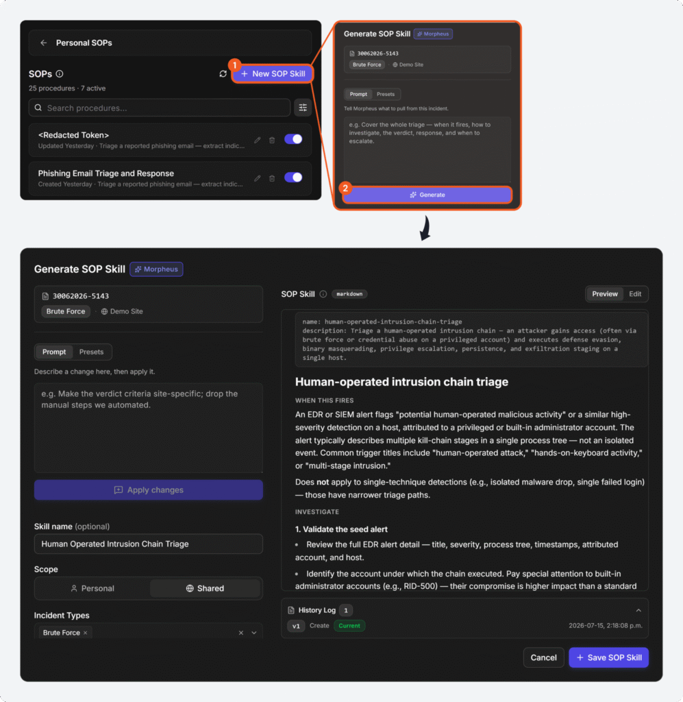 SOP Skill Generation from Incident Data (18.2) — Morpheus turns a handled incident into a reusable SOP