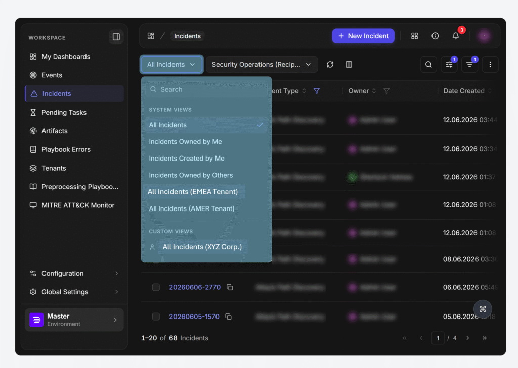 Morpheus incident dashboard with the view selector open, showing system views including a tenant-scoped option